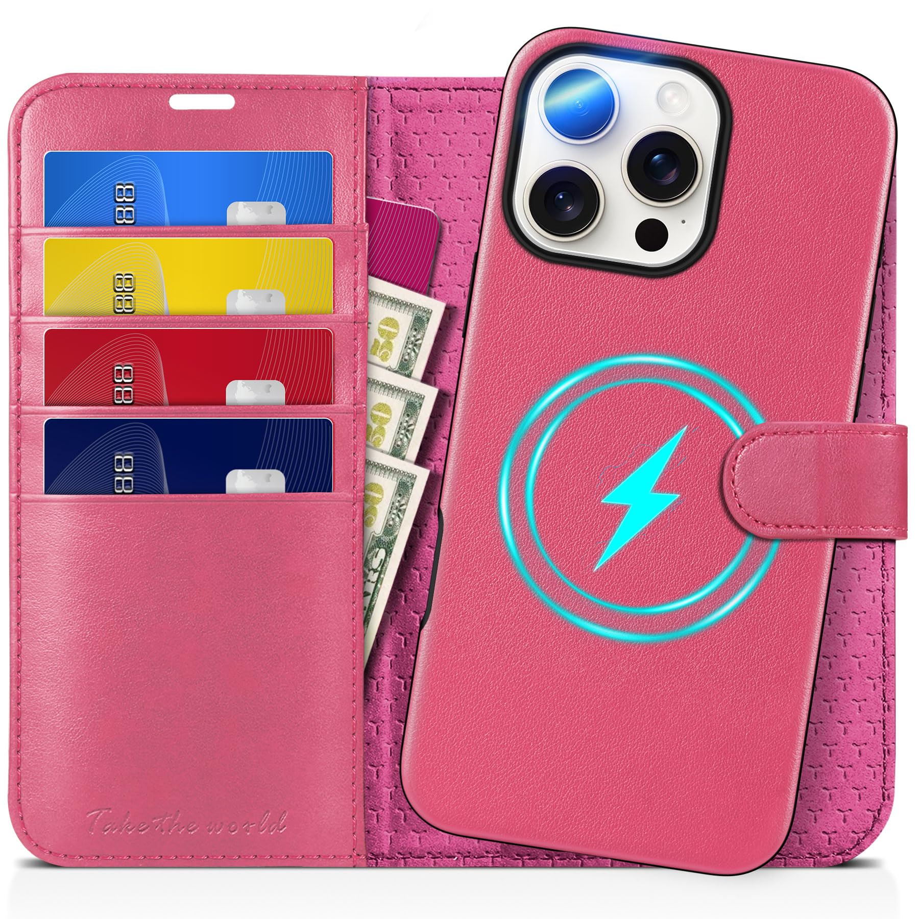 TUCCH Wallet Case for iPhone 16 Pro, [Removable] 2 in 1 [Wireless Charging] RFID Blocking [4 Card Holders] PU Leather Cover, Magnetic Detachable Folding Stand Folio Case for iPhone 16 Pro, Light Brown