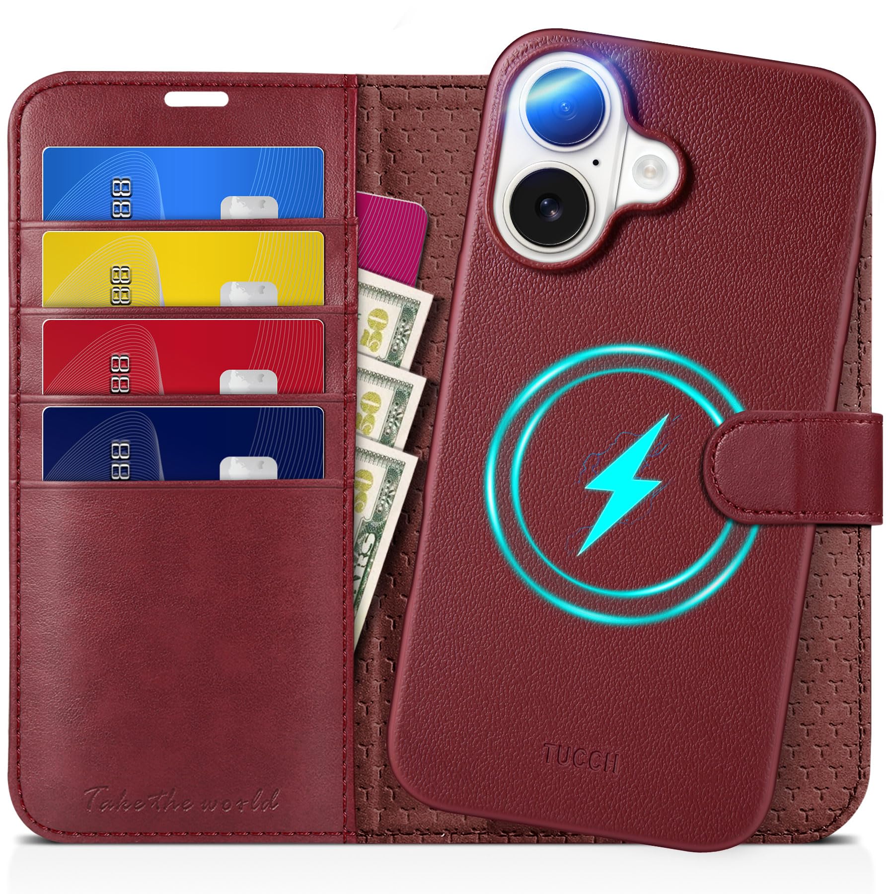 TUCCH Wallet Case for iPhone 16 Pro, [Removable] 2 in 1 [Wireless Charging] RFID Blocking [4 Card Holders] PU Leather Cover, Magnetic Detachable Folding Stand Folio Case for iPhone 16 Pro, Light Brown
