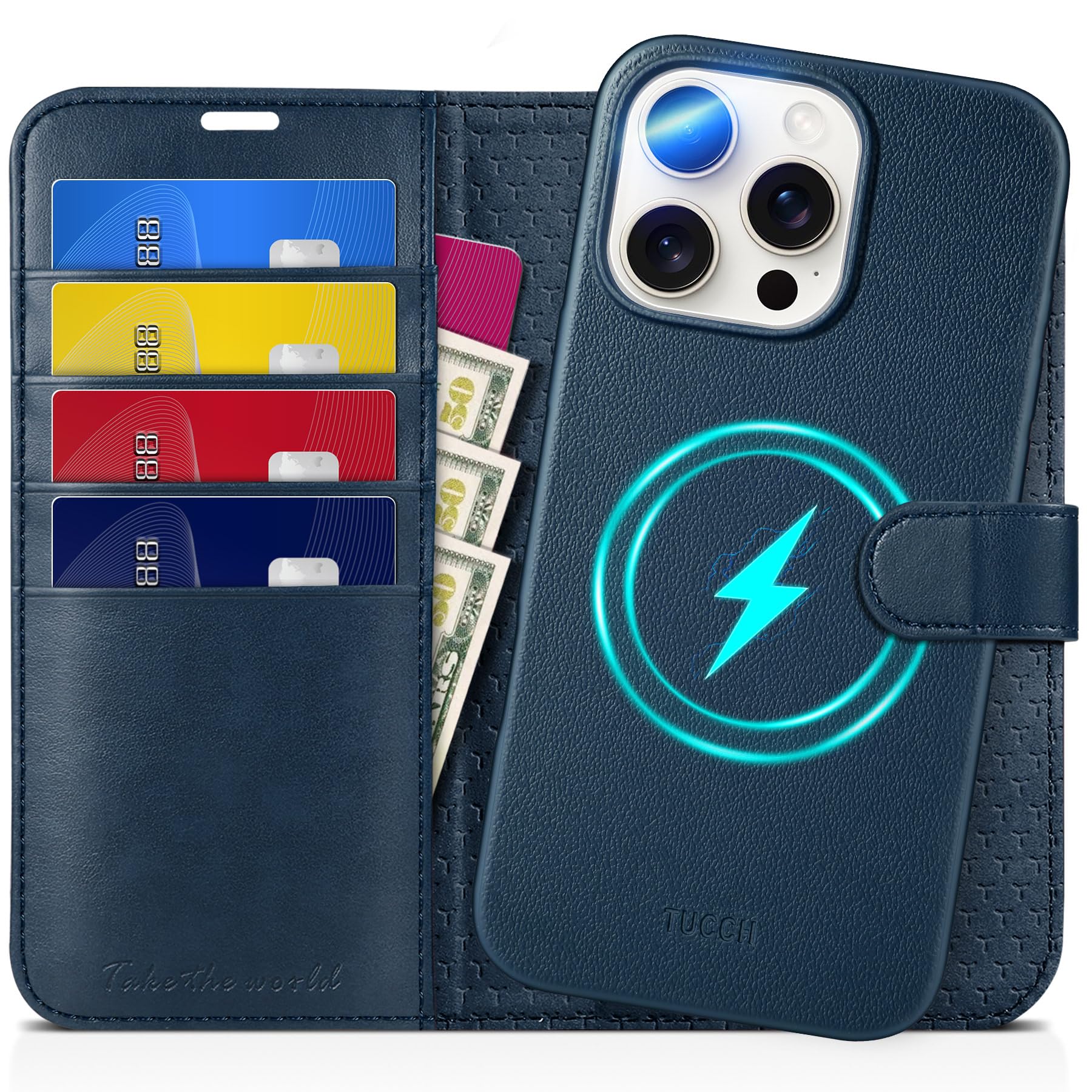 TUCCH Wallet Case for iPhone 16 Pro, [Removable] 2 in 1 [Wireless Charging] RFID Blocking [4 Card Holders] PU Leather Cover, Magnetic Detachable Folding Stand Folio Case for iPhone 16 Pro, Light Brown