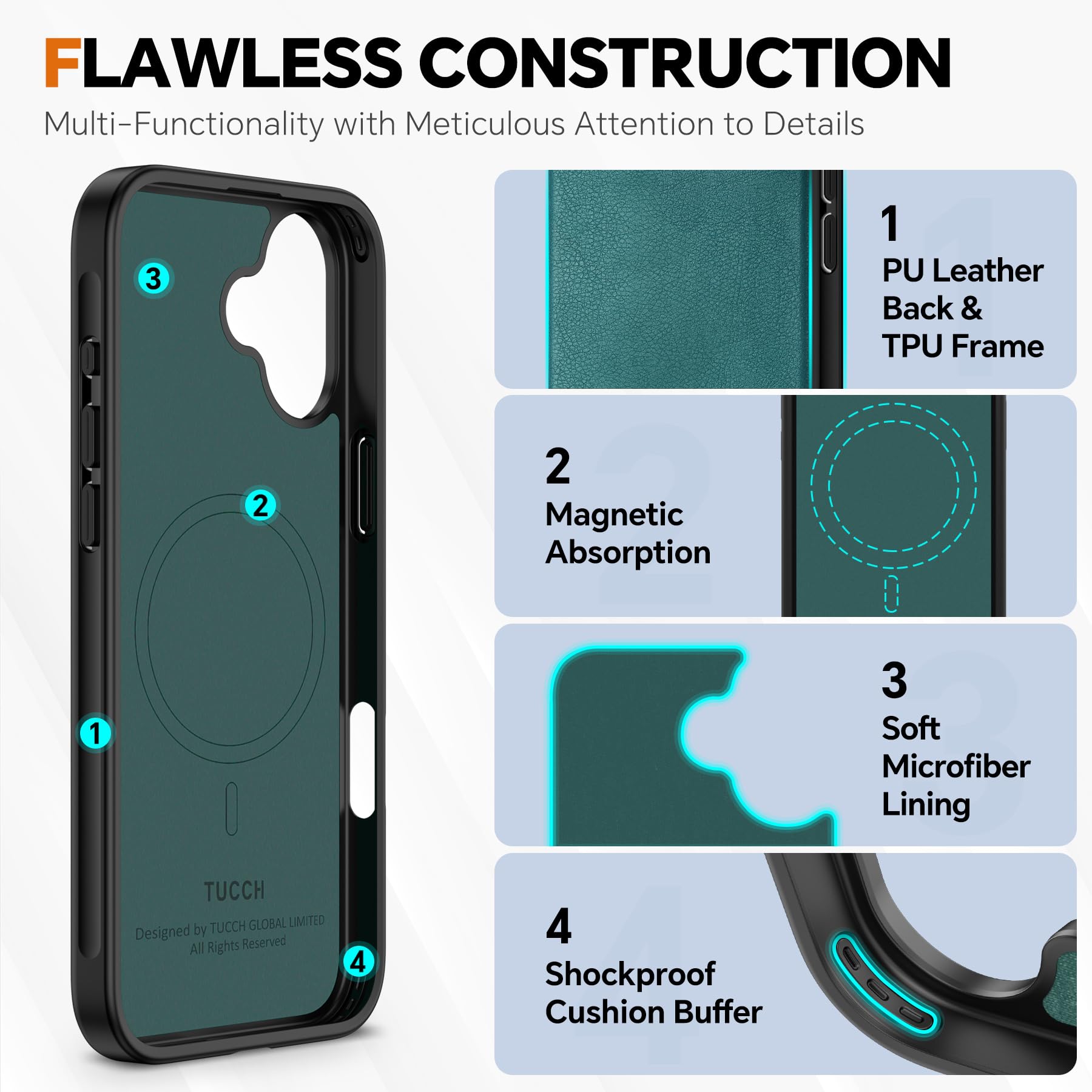 TUCCH Wallet Case for iPhone 16 Pro, [Removable] 2 in 1 [Wireless Charging] RFID Blocking [4 Card Holders] PU Leather Cover, Magnetic Detachable Folding Stand Folio Case for iPhone 16 Pro, Light Brown