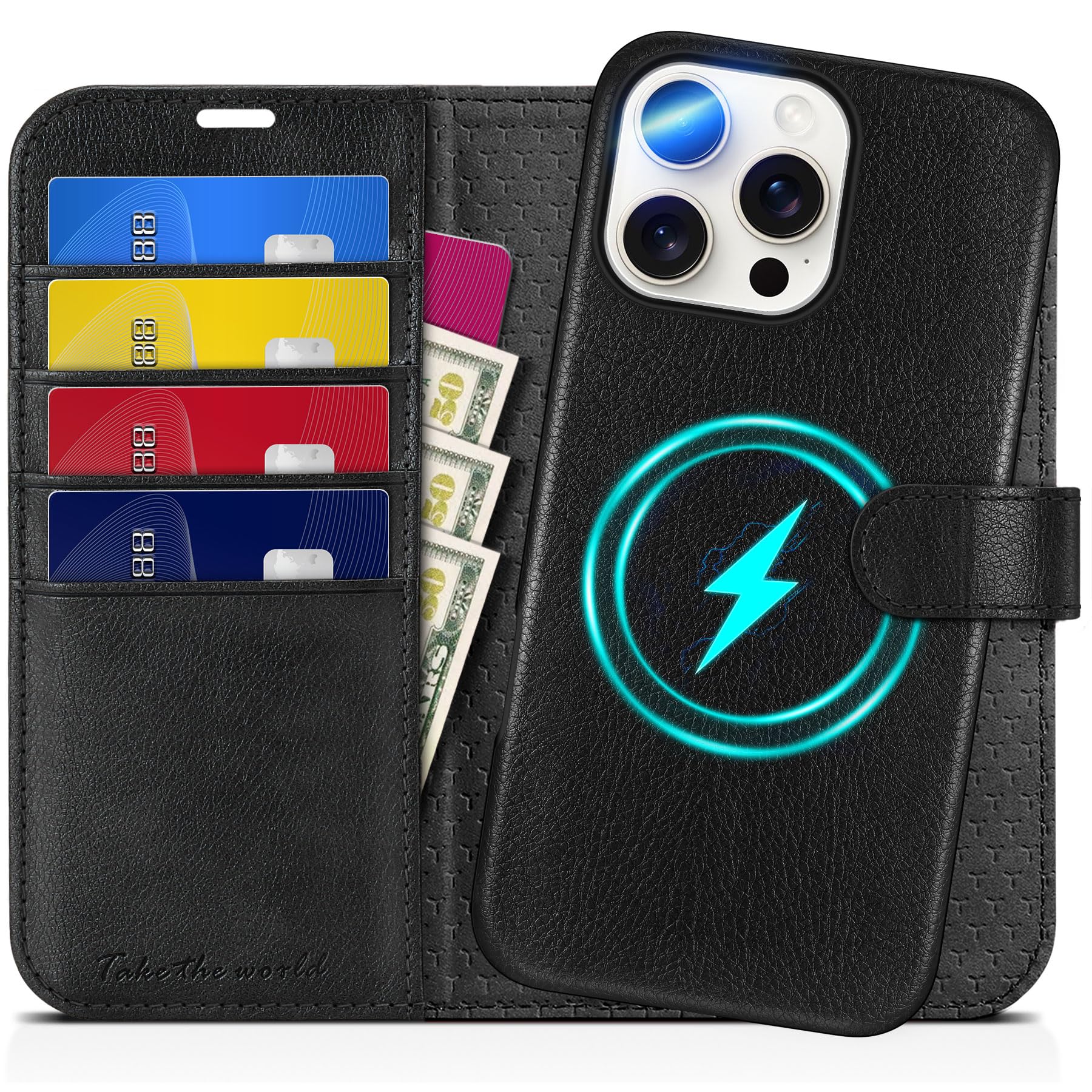 TUCCH Wallet Case for iPhone 16 Pro, [Removable] 2 in 1 [Wireless Charging] RFID Blocking [4 Card Holders] PU Leather Cover, Magnetic Detachable Folding Stand Folio Case for iPhone 16 Pro, Light Brown