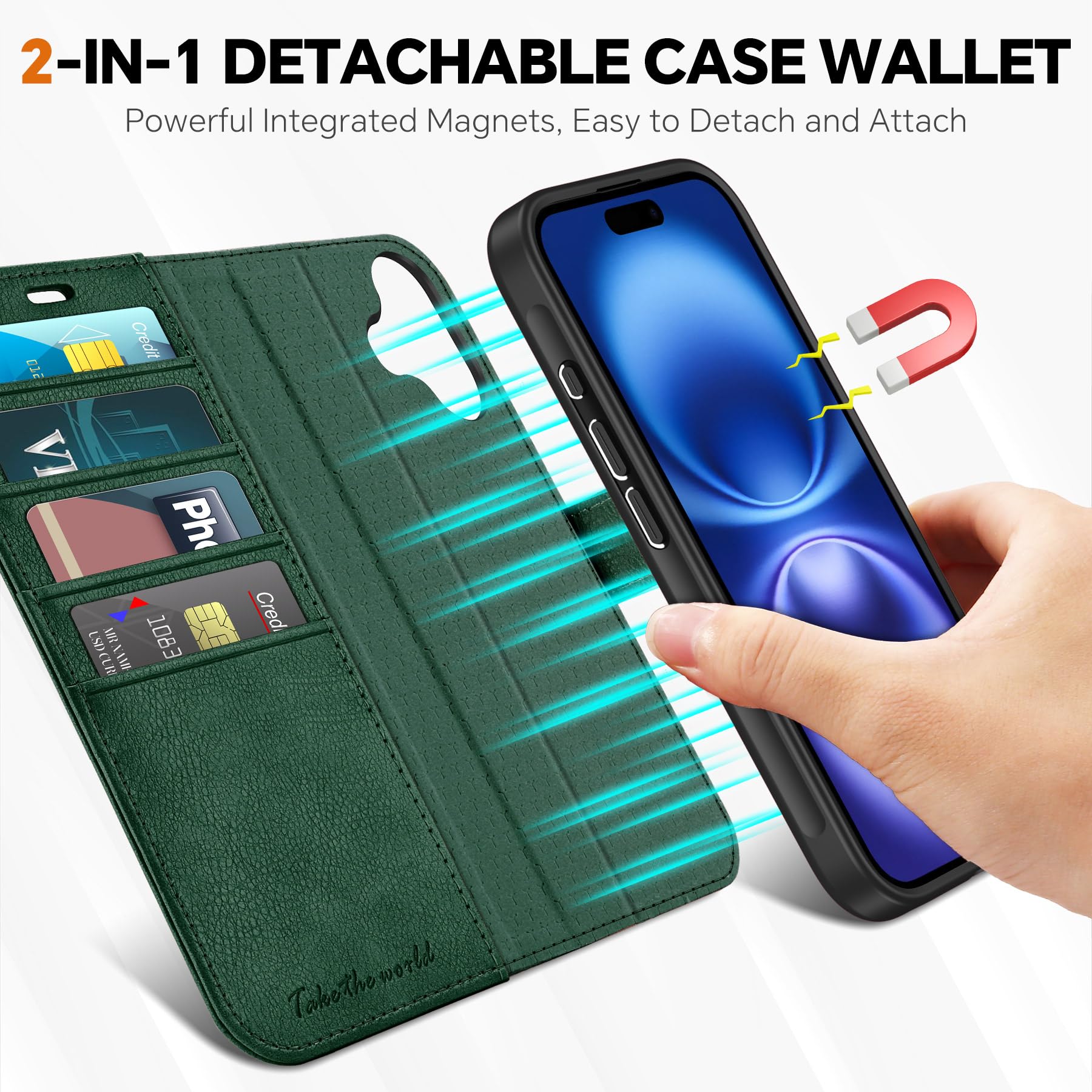 TUCCH Wallet Case for iPhone 16 Pro, [Removable] 2 in 1 [Wireless Charging] RFID Blocking [4 Card Holders] PU Leather Cover, Magnetic Detachable Folding Stand Folio Case for iPhone 16 Pro, Light Brown