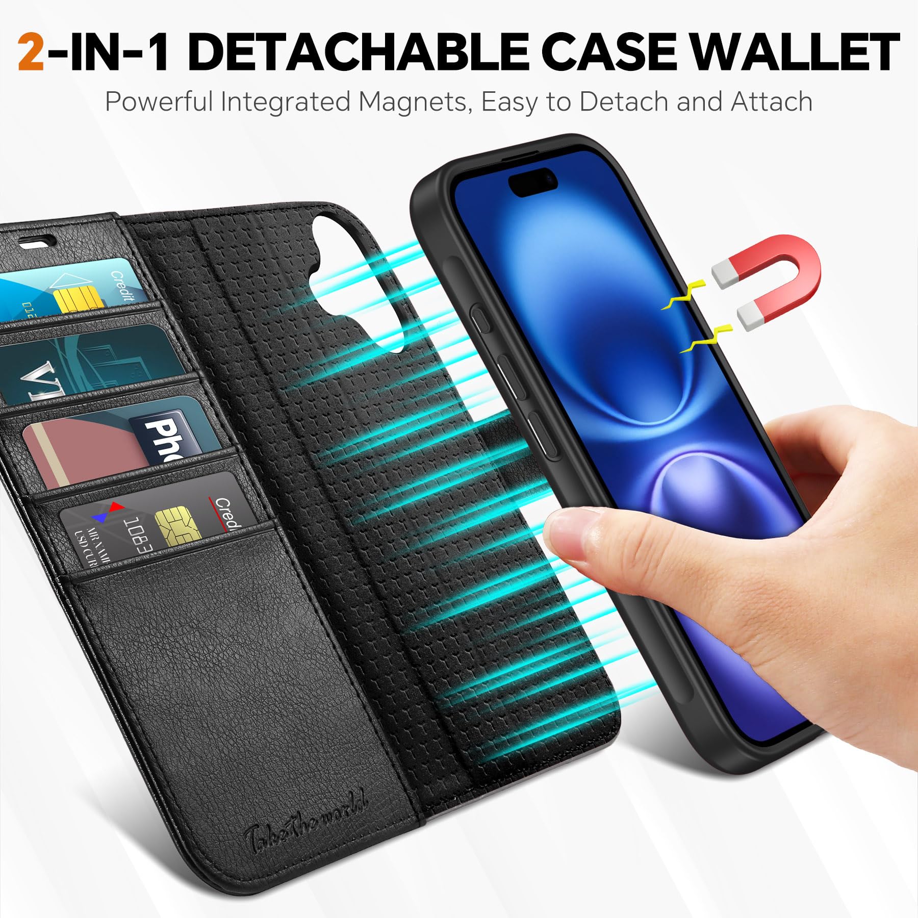 TUCCH Wallet Case for iPhone 16 Pro, [Removable] 2 in 1 [Wireless Charging] RFID Blocking [4 Card Holders] PU Leather Cover, Magnetic Detachable Folding Stand Folio Case for iPhone 16 Pro, Light Brown