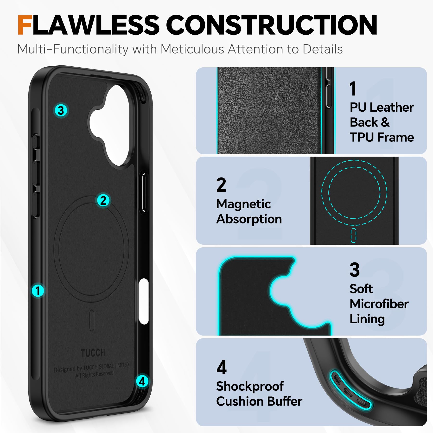 TUCCH Wallet Case for iPhone 16 Pro, [Removable] 2 in 1 [Wireless Charging] RFID Blocking [4 Card Holders] PU Leather Cover, Magnetic Detachable Folding Stand Folio Case for iPhone 16 Pro, Light Brown