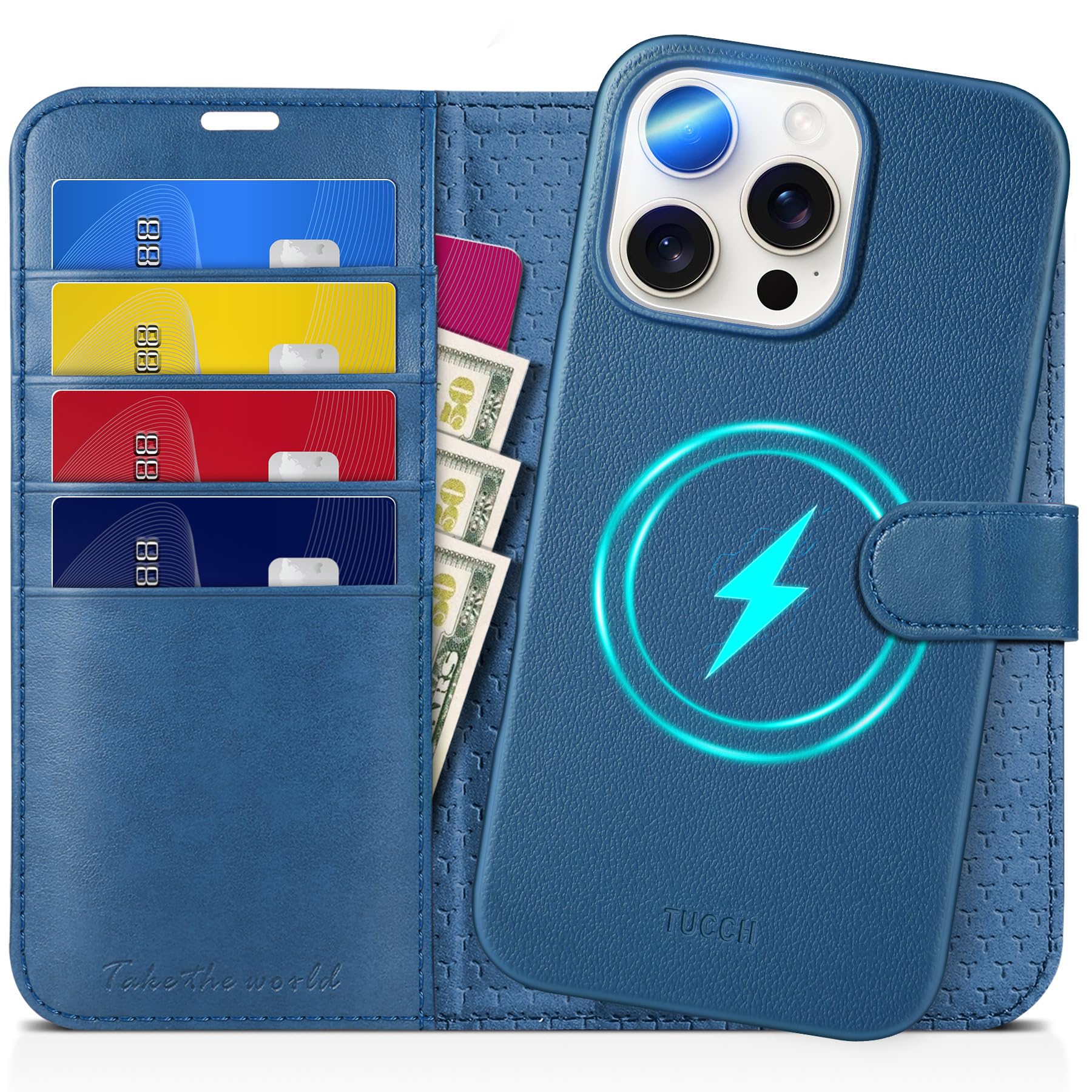 TUCCH Wallet Case for iPhone 16 Pro, [Removable] 2 in 1 [Wireless Charging] RFID Blocking [4 Card Holders] PU Leather Cover, Magnetic Detachable Folding Stand Folio Case for iPhone 16 Pro, Light Brown