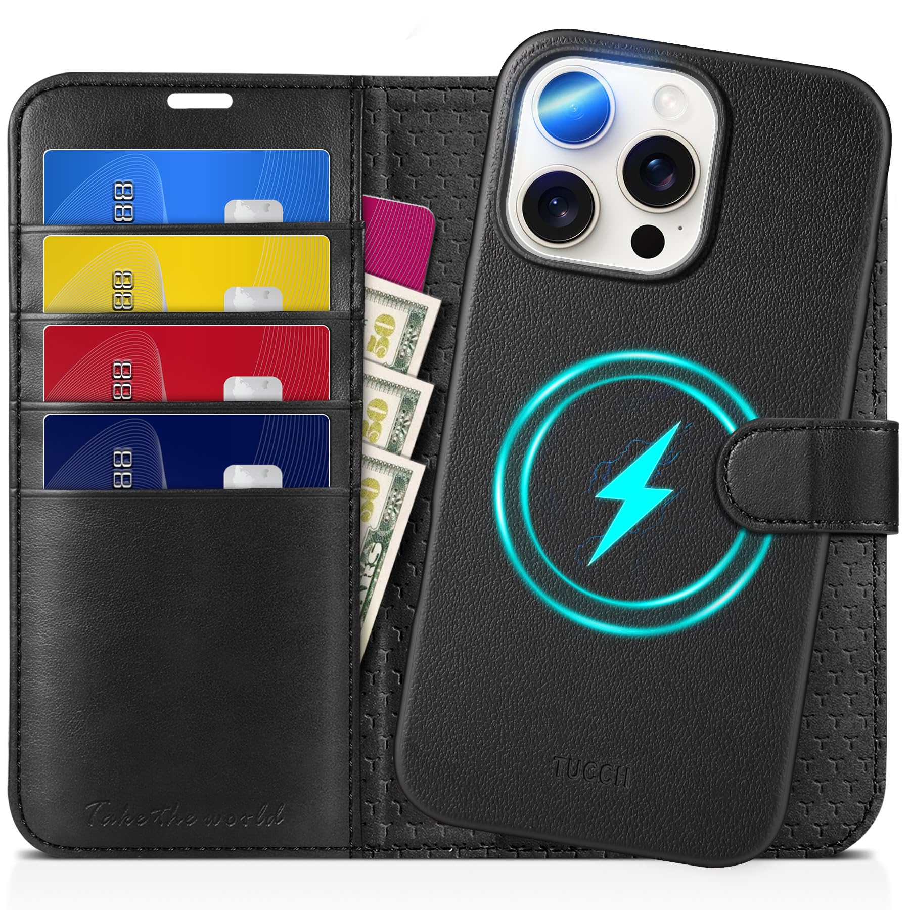 TUCCH Wallet Case for iPhone 16 Pro, [Removable] 2 in 1 [Wireless Charging] RFID Blocking [4 Card Holders] PU Leather Cover, Magnetic Detachable Folding Stand Folio Case for iPhone 16 Pro, Light Brown