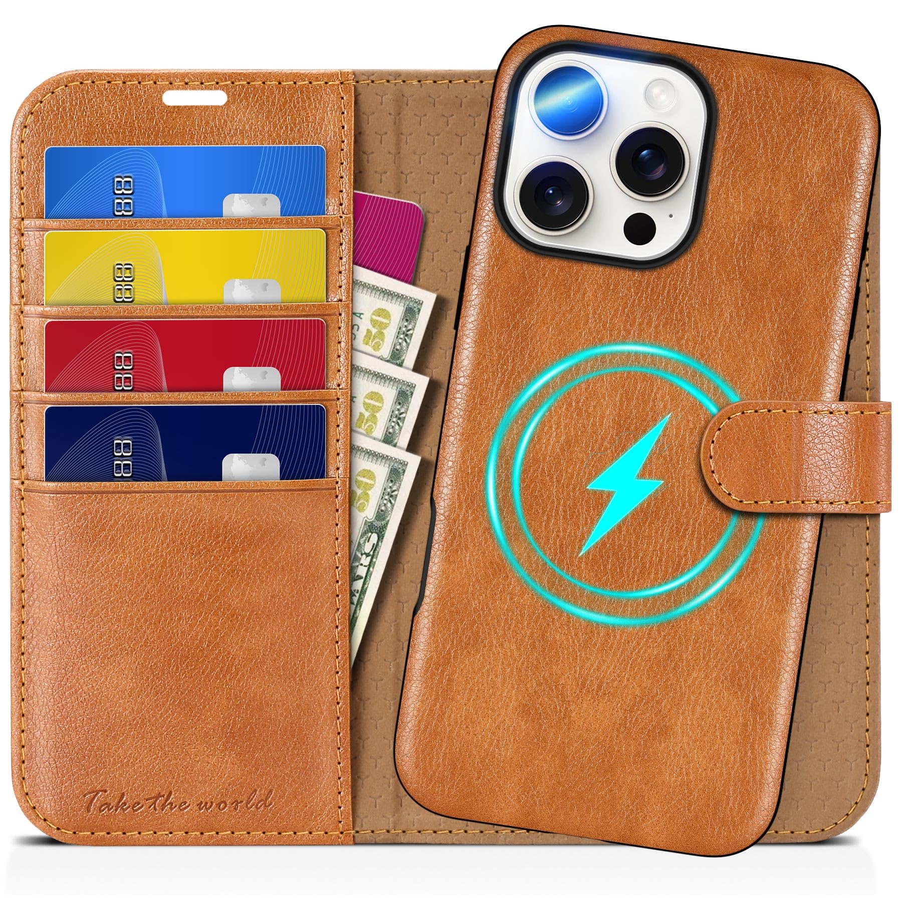 TUCCH Wallet Case for iPhone 16 Pro, [Removable] 2 in 1 [Wireless Charging] RFID Blocking [4 Card Holders] PU Leather Cover, Magnetic Detachable Folding Stand Folio Case for iPhone 16 Pro, Light Brown