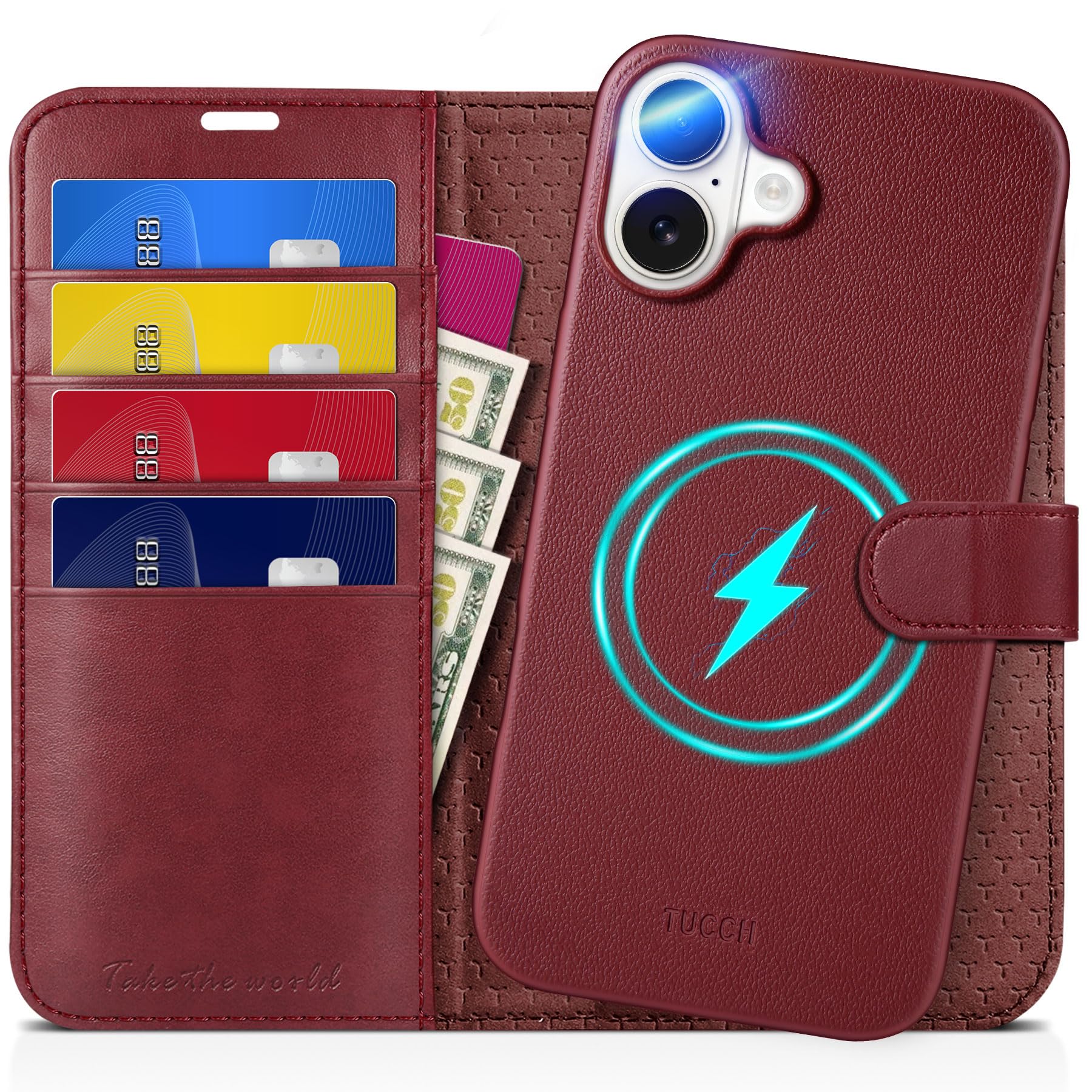 TUCCH Wallet Case for iPhone 16 Pro, [Removable] 2 in 1 [Wireless Charging] RFID Blocking [4 Card Holders] PU Leather Cover, Magnetic Detachable Folding Stand Folio Case for iPhone 16 Pro, Light Brown