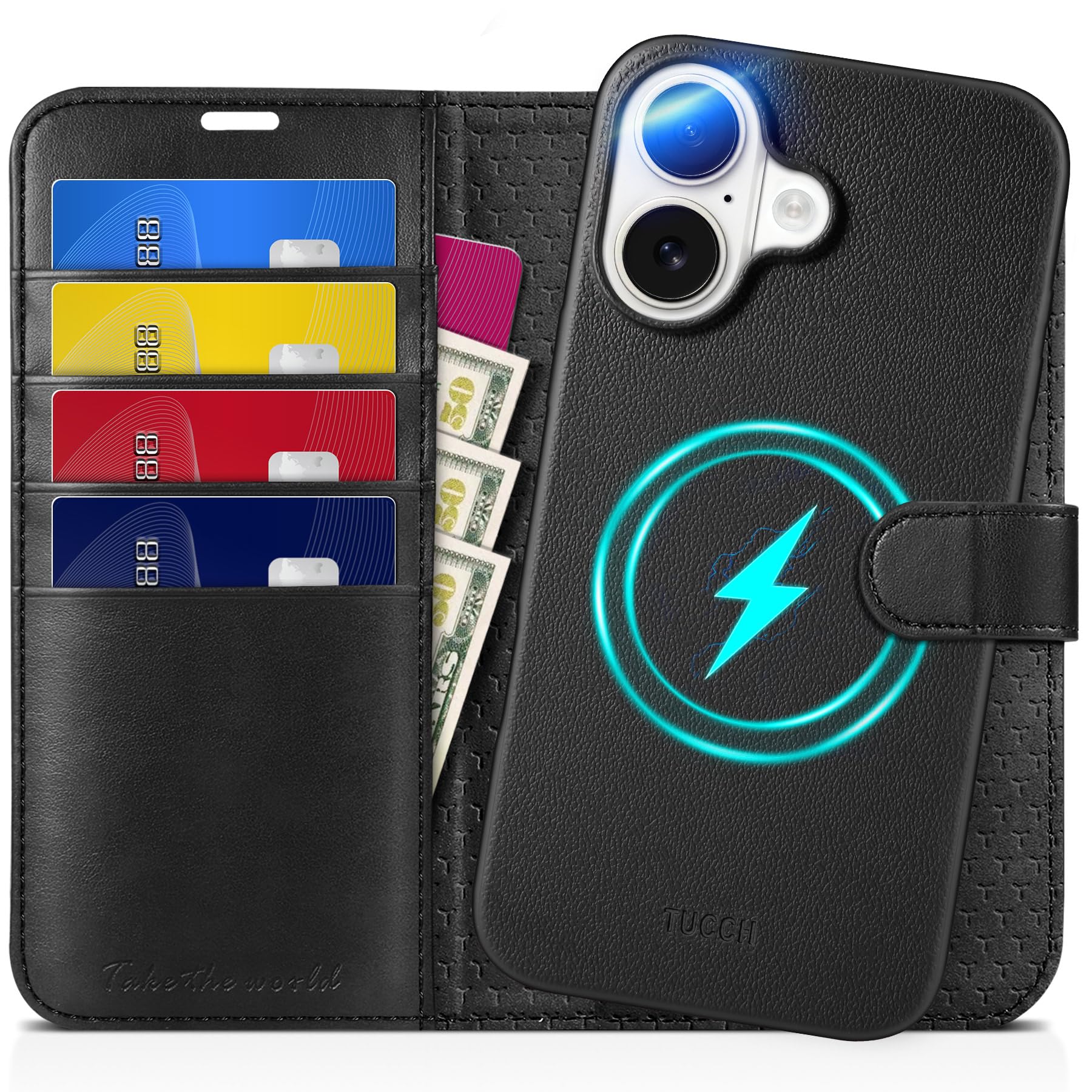 TUCCH Wallet Case for iPhone 16 Pro, [Removable] 2 in 1 [Wireless Charging] RFID Blocking [4 Card Holders] PU Leather Cover, Magnetic Detachable Folding Stand Folio Case for iPhone 16 Pro, Light Brown