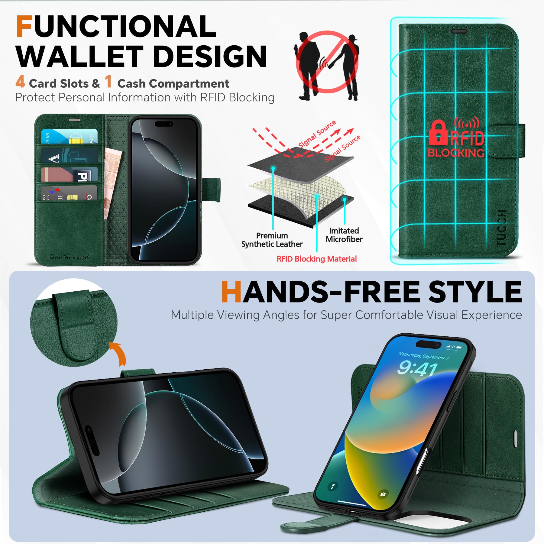 TUCCH Wallet Case for iPhone 16 Pro, [Removable] 2 in 1 [Wireless Charging] RFID Blocking [4 Card Holders] PU Leather Cover, Magnetic Detachable Folding Stand Folio Case for iPhone 16 Pro, Light Brown