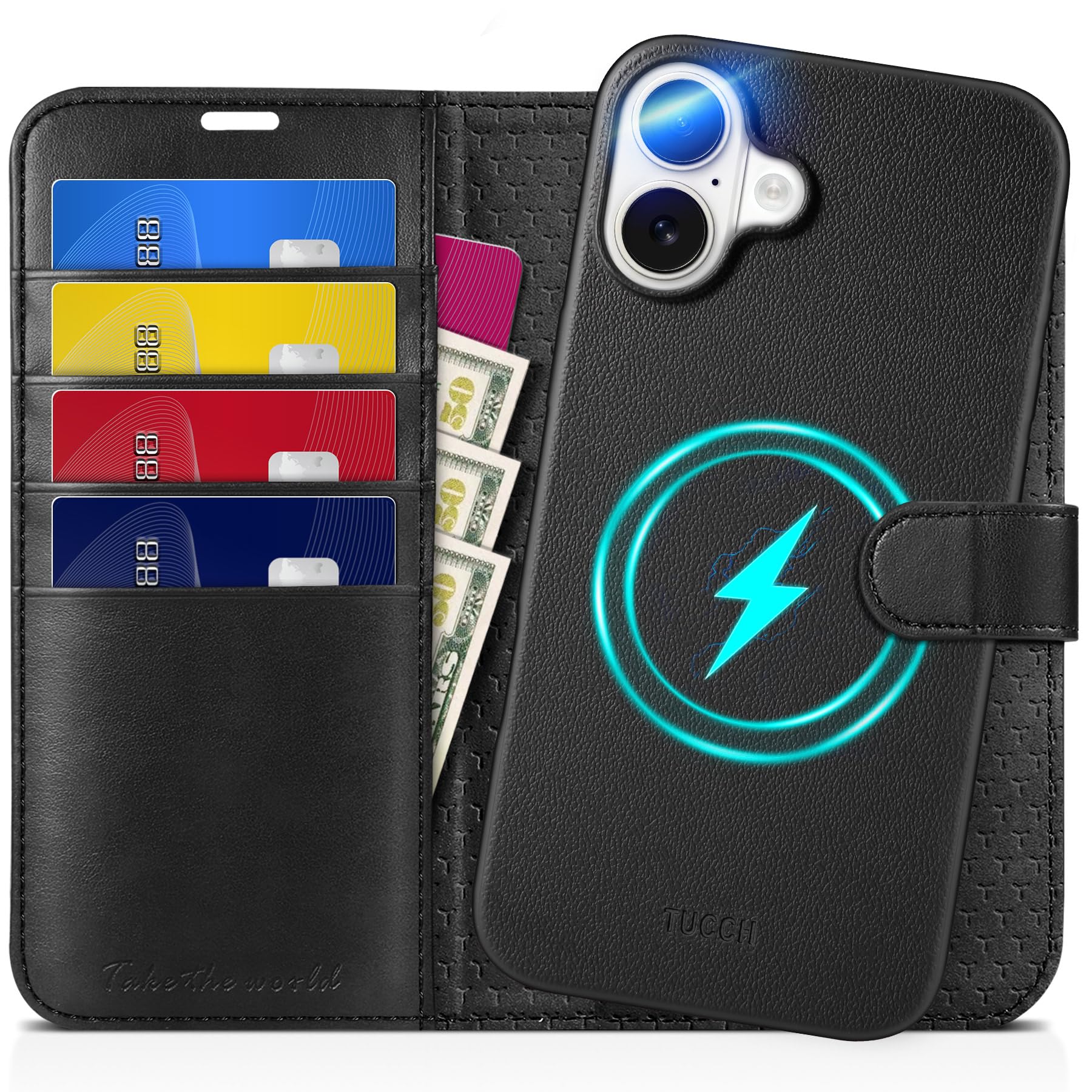 TUCCH Wallet Case for iPhone 16 Pro, [Removable] 2 in 1 [Wireless Charging] RFID Blocking [4 Card Holders] PU Leather Cover, Magnetic Detachable Folding Stand Folio Case for iPhone 16 Pro, Light Brown