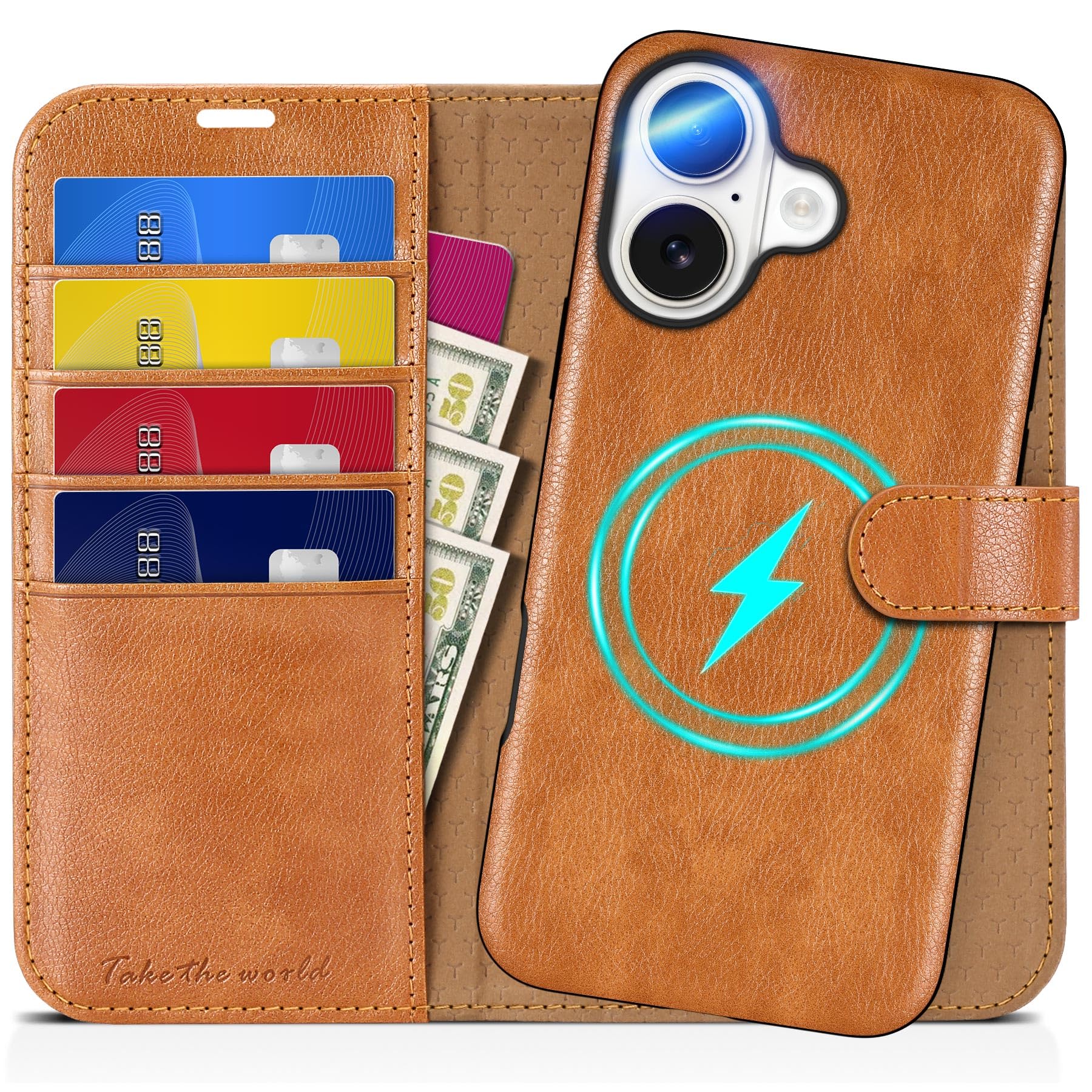 TUCCH Wallet Case for iPhone 16 Pro, [Removable] 2 in 1 [Wireless Charging] RFID Blocking [4 Card Holders] PU Leather Cover, Magnetic Detachable Folding Stand Folio Case for iPhone 16 Pro, Light Brown