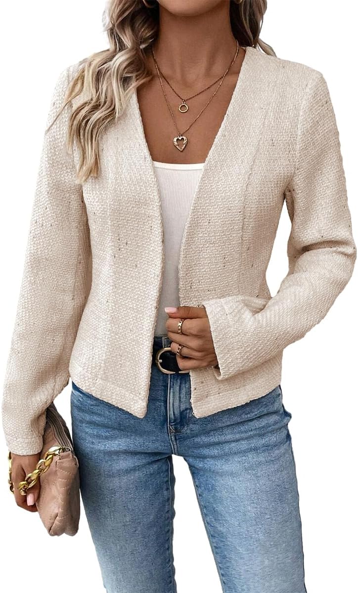 Tweed Blazer Jackets for Women Sweater Blazers Beige Cream Petite Cardigan Collarless Cardigans Sweaters Wool Slim Fitted Jackets Beige L