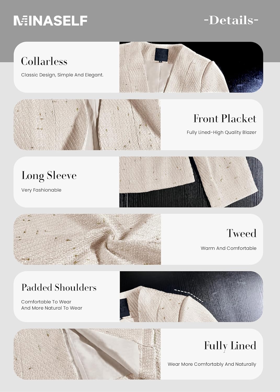 Tweed Blazer Jackets for Women Sweater Blazers Beige Cream Petite Cardigan Collarless Cardigans Sweaters Wool Slim Fitted Jackets Beige L