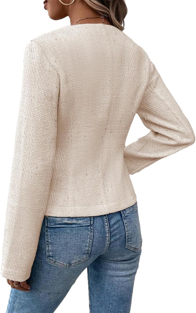 Tweed Blazer Jackets for Women Sweater Blazers Beige Cream Petite Cardigan Collarless Cardigans Sweaters Wool Slim Fitted Jackets Beige L