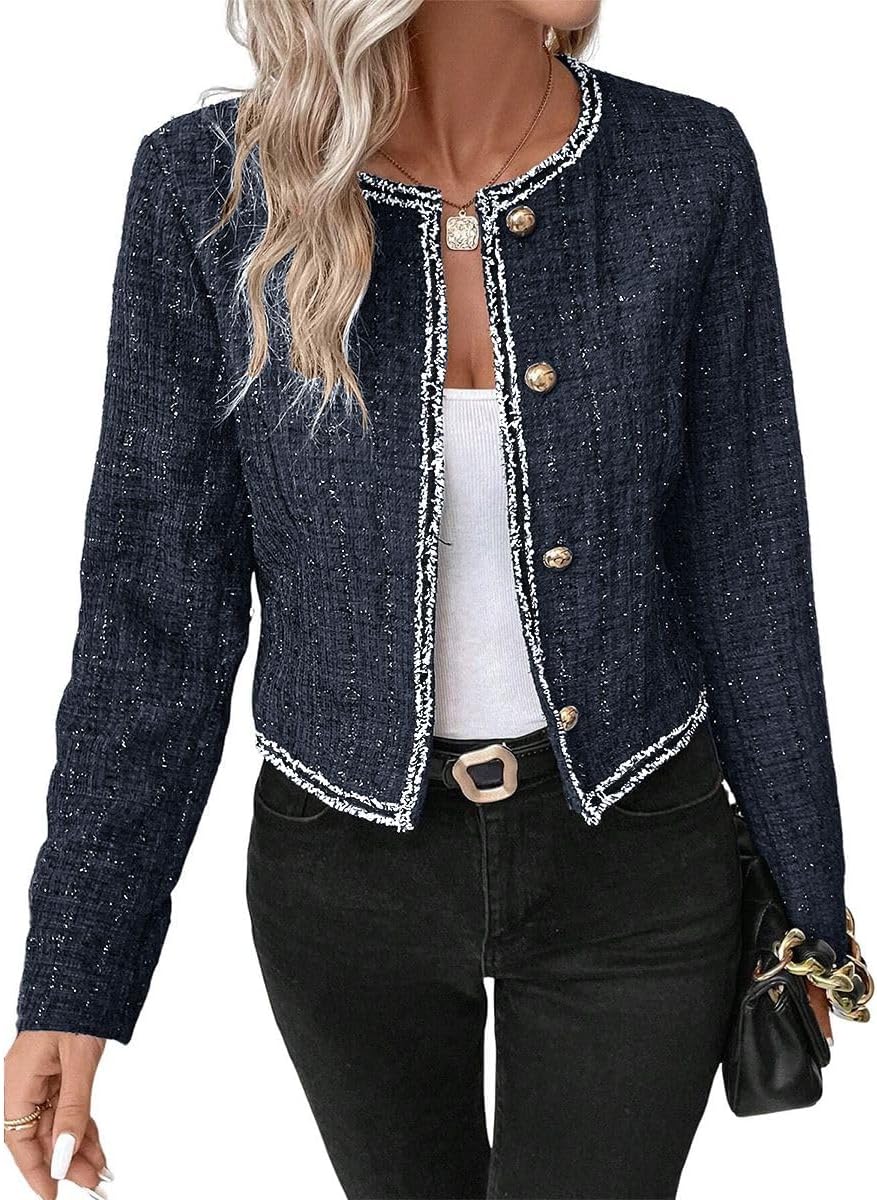 Tweed Blazers Jackets for Women Blue Fall Blazer Winter Fashion Clothes Outfits for Womens 2023 Business Work Office Casual Professional Dressy Short Jacket Suit Blue 0L