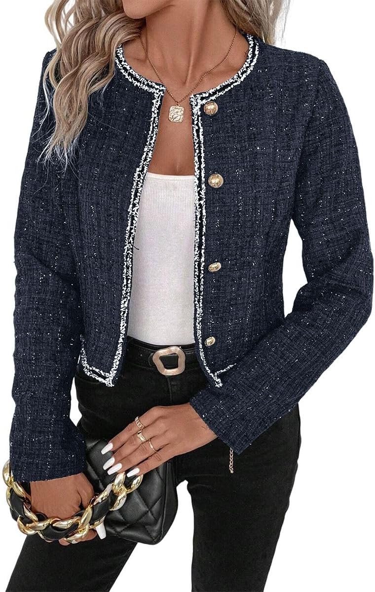 Tweed Blazers Jackets for Women Blue Fall Blazer Winter Fashion Clothes Outfits for Womens 2023 Business Work Office Casual Professional Dressy Short Jacket Suit Blue 0L