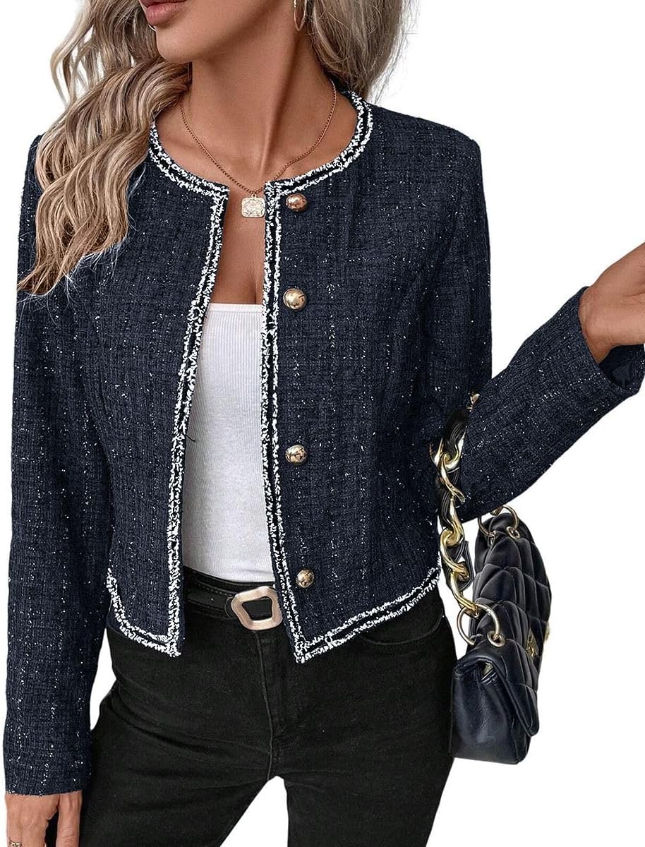 Tweed Blazers Jackets for Women Blue Fall Blazer Winter Fashion Clothes Outfits for Womens 2023 Business Work Office Casual Professional Dressy Short Jacket Suit Blue 0L