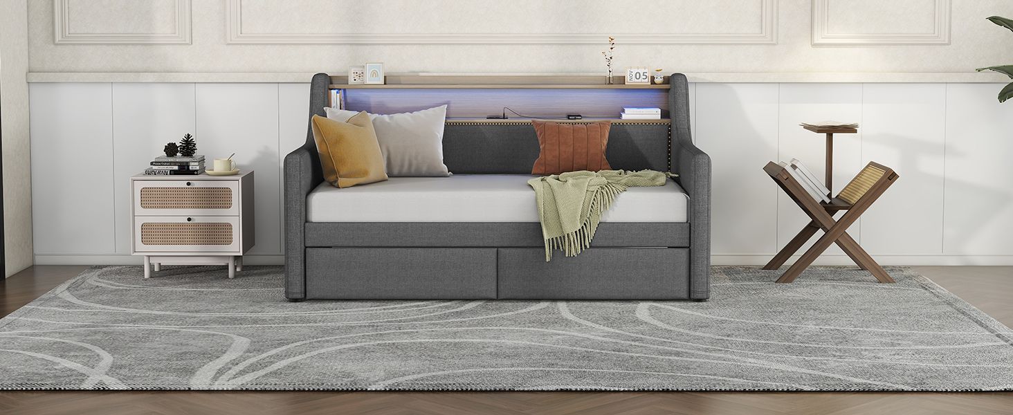 Twin Size Daybed with Storage Drawers, Upholstered Daybed with Charging Station and LED Lights, Gray(Old Item W1580S00034)