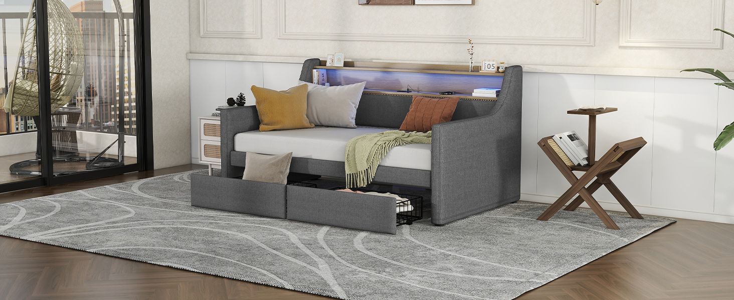 Twin Size Daybed with Storage Drawers, Upholstered Daybed with Charging Station and LED Lights, Gray(Old Item W1580S00034)