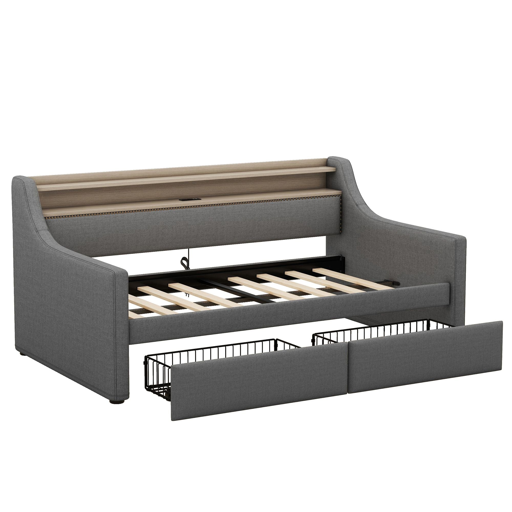 Twin Size Daybed with Storage Drawers, Upholstered Daybed with Charging Station and LED Lights, Gray(Old Item W1580S00034)