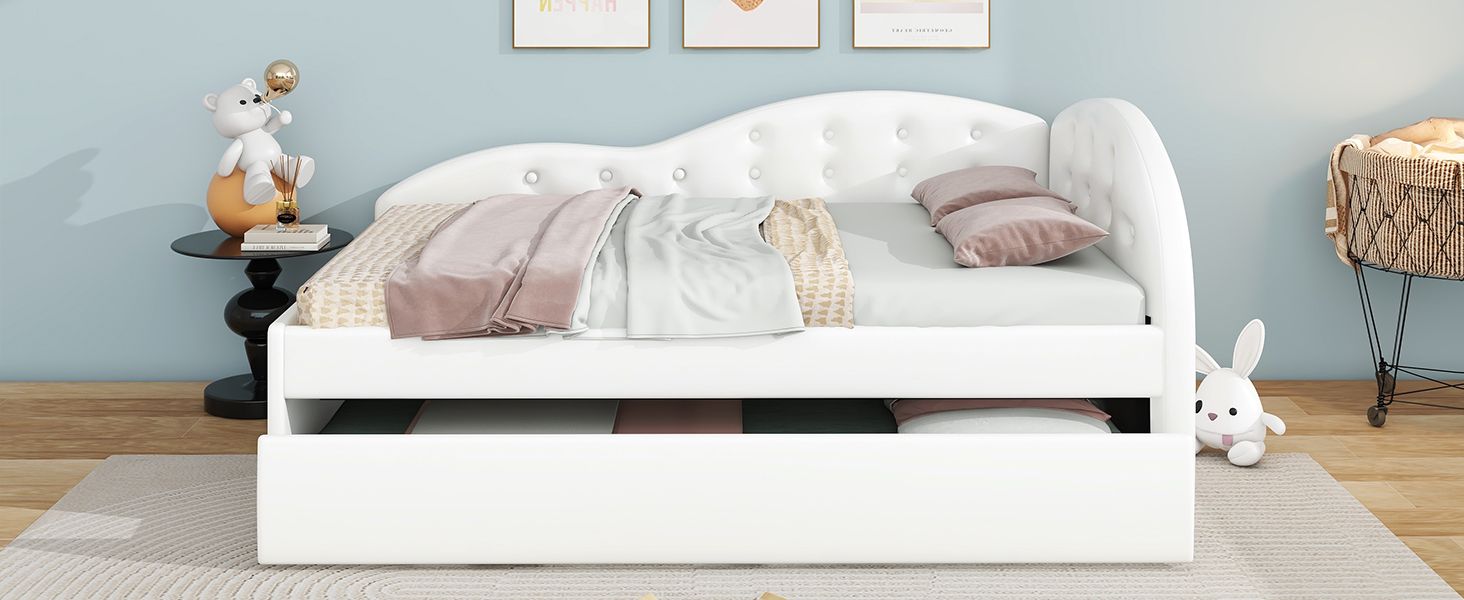 Twin Size PU Upholstered Tufted Daybed with Trundle and Cloud Shaped Guardrail