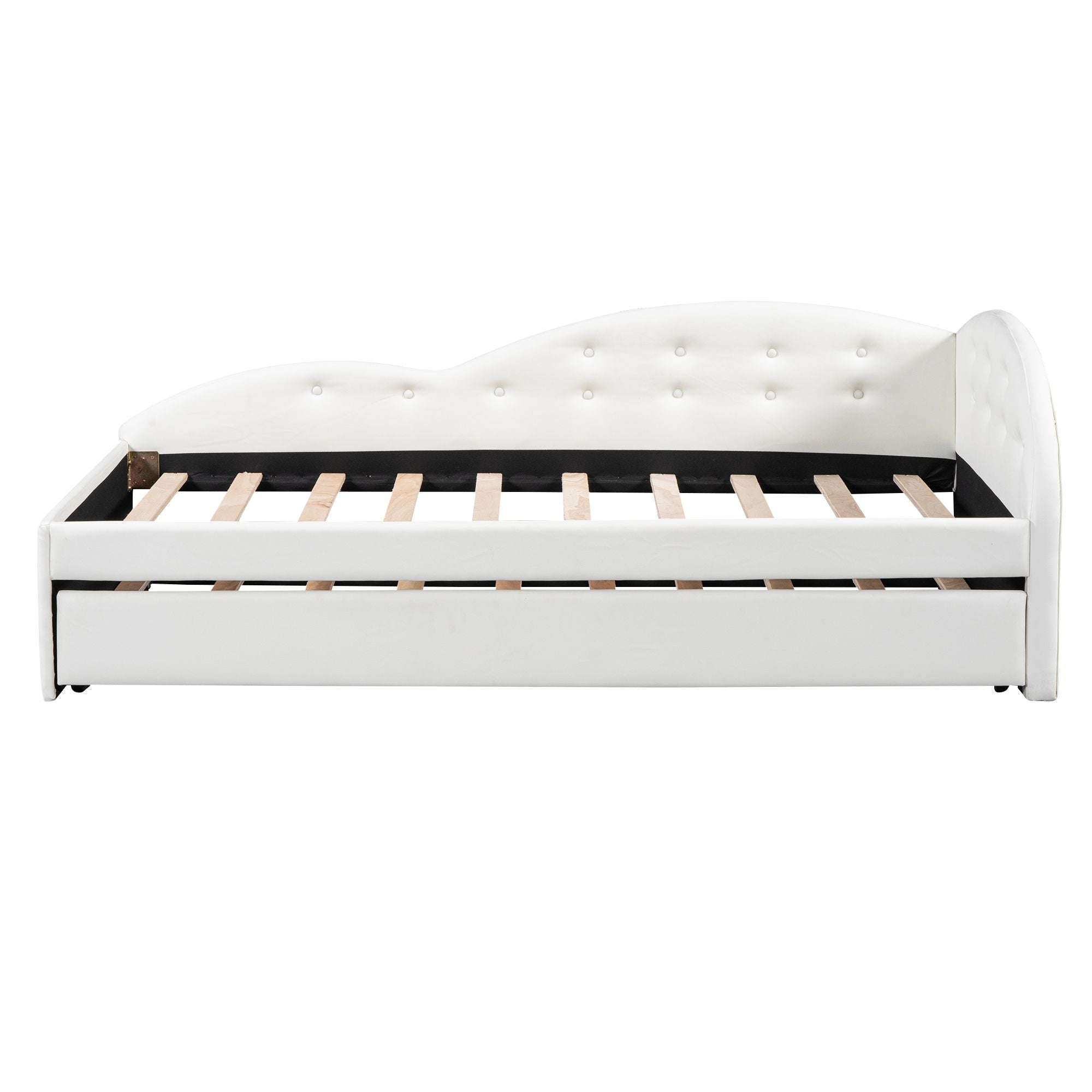 Twin Size PU Upholstered Tufted Daybed with Trundle and Cloud Shaped Guardrail