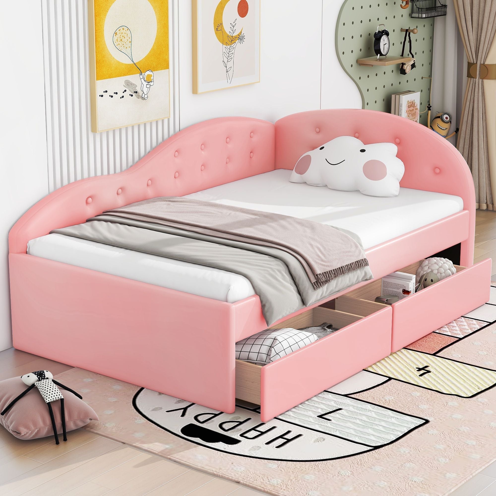 Twin Size PU Upholstered Tufted Daybed with Two Drawers and Cloud Shaped Guardrail