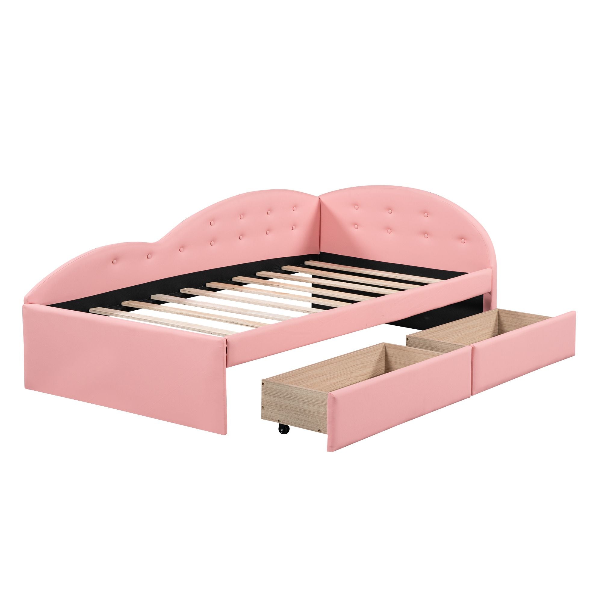 Twin Size PU Upholstered Tufted Daybed with Two Drawers and Cloud Shaped Guardrail