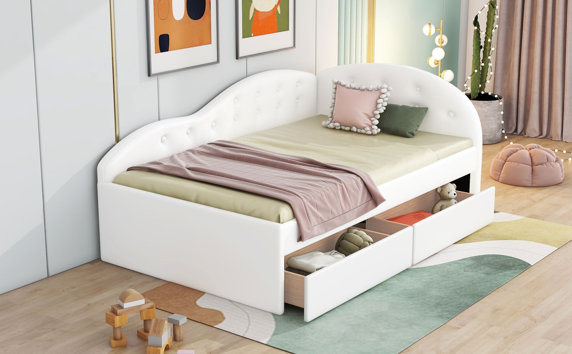 Twin Size PU Upholstered Tufted Daybed with Two Drawers and Cloud Shaped Guardrail