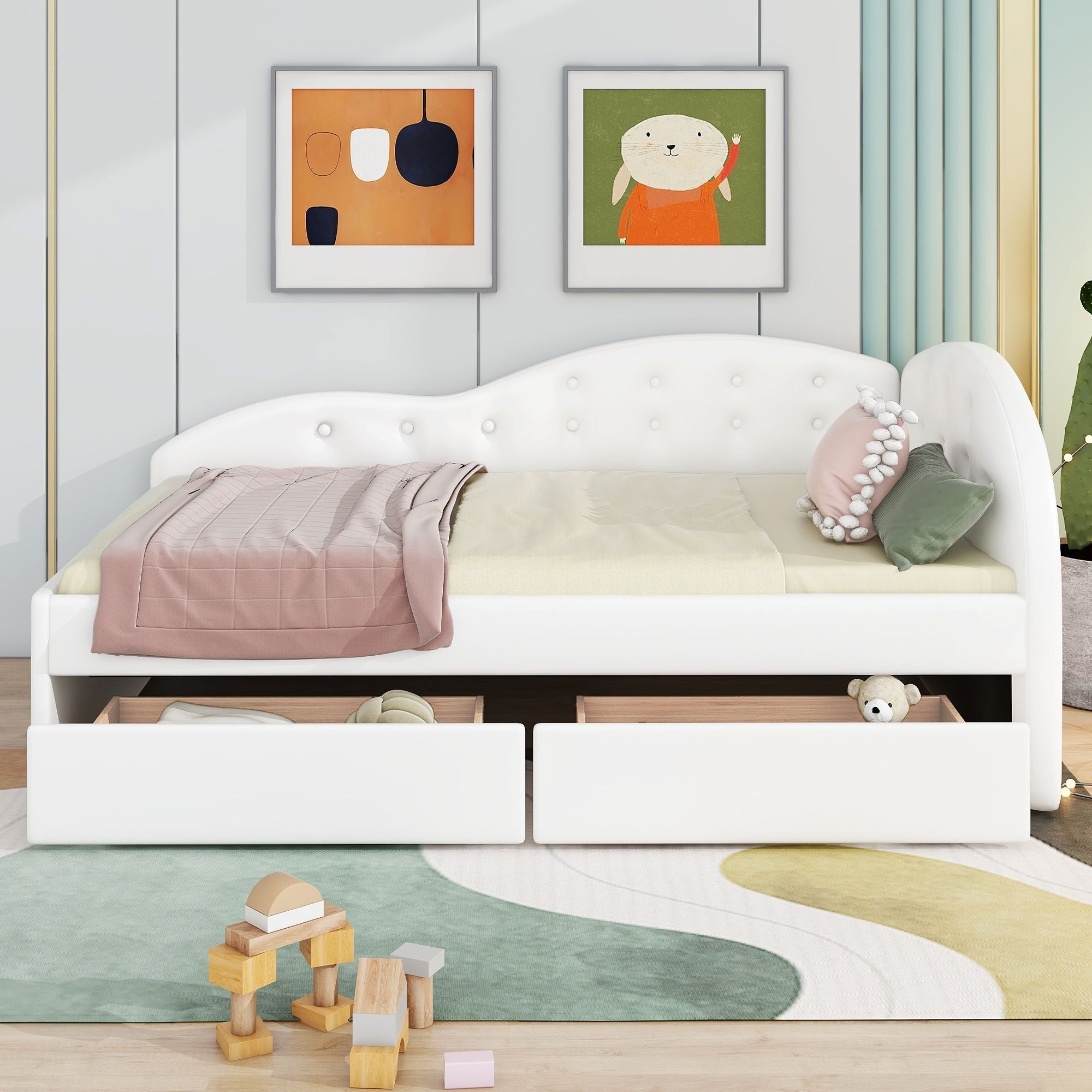 Twin Size PU Upholstered Tufted Daybed with Two Drawers and Cloud Shaped Guardrail