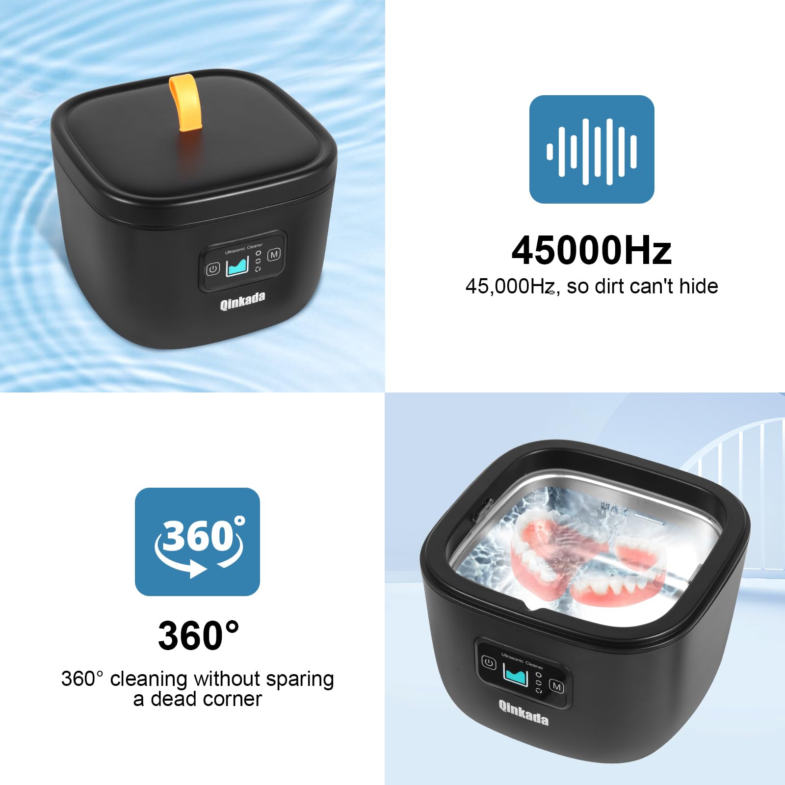 Ultrasonic Jewelry Cleaner, 45kHz Cleaner for Denture, Mouth Guard, Aligner, Toothbrush Head, Watch, Ring, Silver, Gold, Ultrasonic Jewelry Cleaner Portable for Home and Travel (Black)