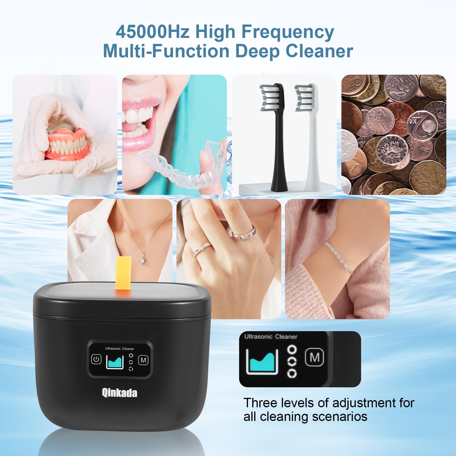 Ultrasonic Jewelry Cleaner, 45kHz Cleaner for Denture, Mouth Guard, Aligner, Toothbrush Head, Watch, Ring, Silver, Gold, Ultrasonic Jewelry Cleaner Portable for Home and Travel (Black)