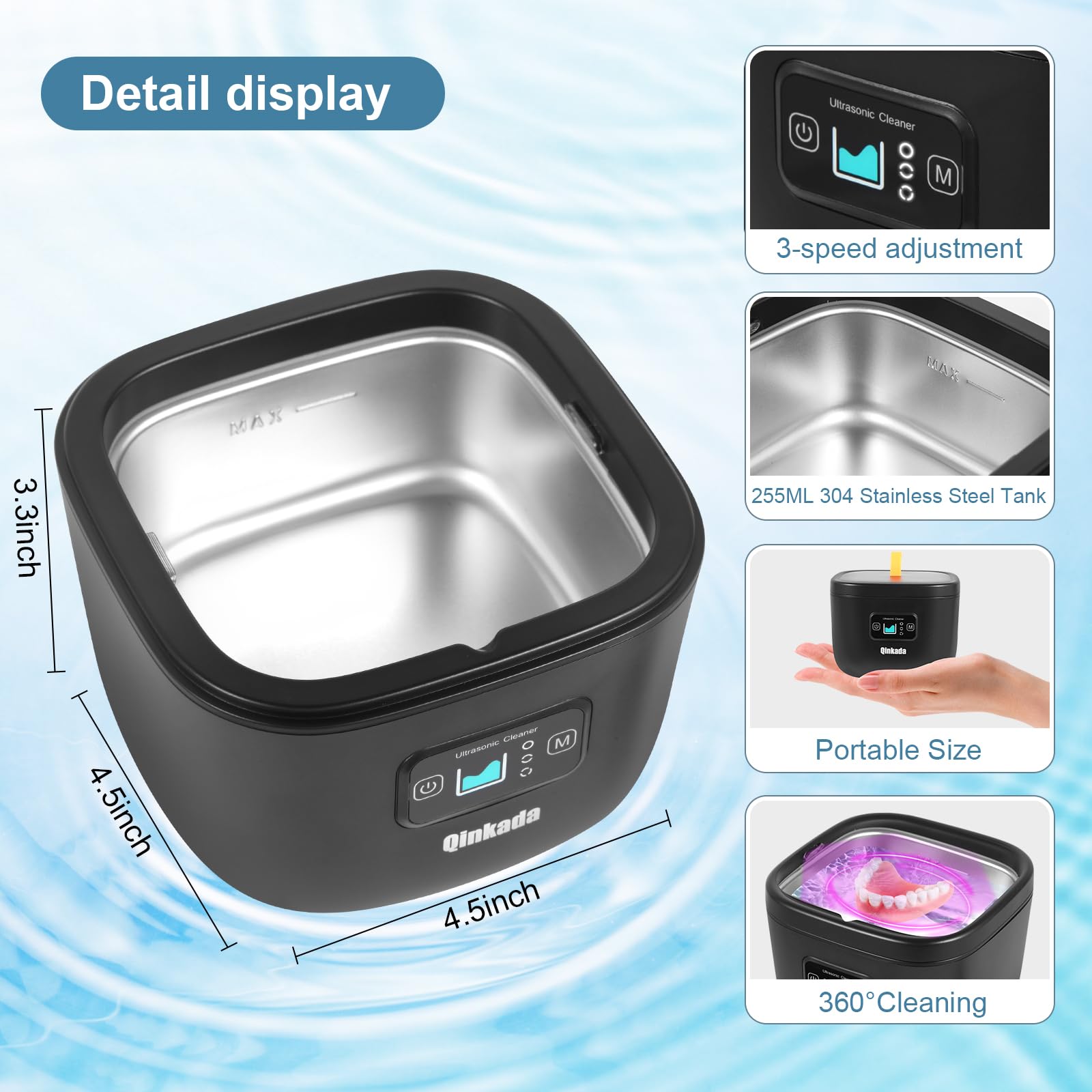 Ultrasonic Jewelry Cleaner, 45kHz Cleaner for Denture, Mouth Guard, Aligner, Toothbrush Head, Watch, Ring, Silver, Gold, Ultrasonic Jewelry Cleaner Portable for Home and Travel (Black)