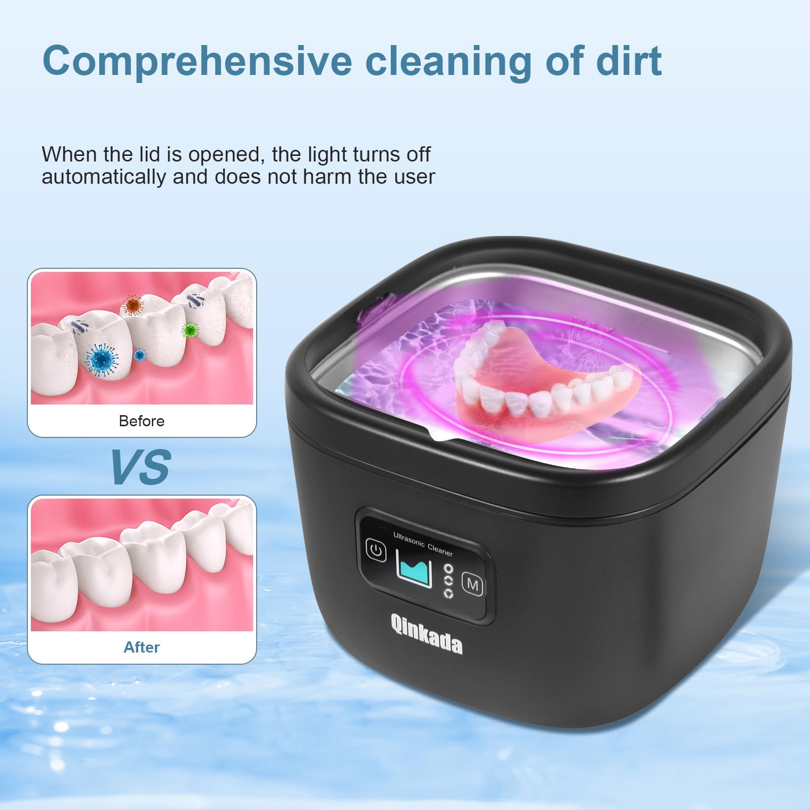 Ultrasonic Jewelry Cleaner, 45kHz Cleaner for Denture, Mouth Guard, Aligner, Toothbrush Head, Watch, Ring, Silver, Gold, Ultrasonic Jewelry Cleaner Portable for Home and Travel (Black)