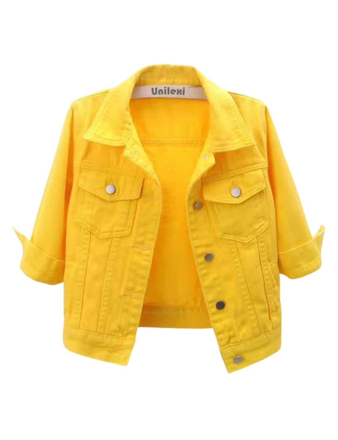 Unilexi Women's 3/4 Sleeve Colored Cropped Denim Jacket Light Wash Short Jean Jacket Trucker Coat