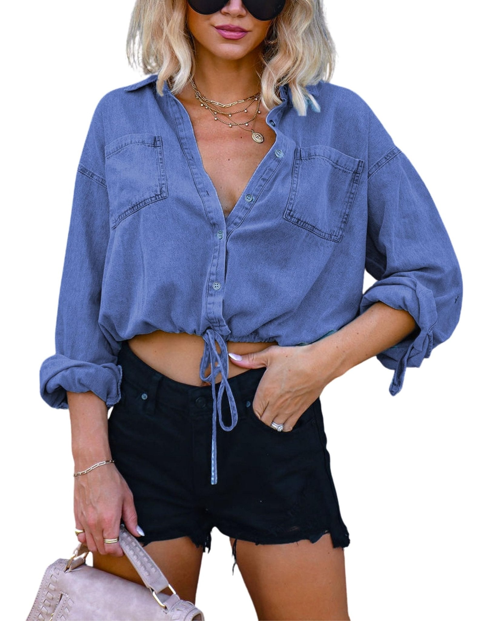 Unilexi Women's 3/4 Sleeve Colored Cropped Denim Jacket Light Wash Short Jean Jacket Trucker Coat