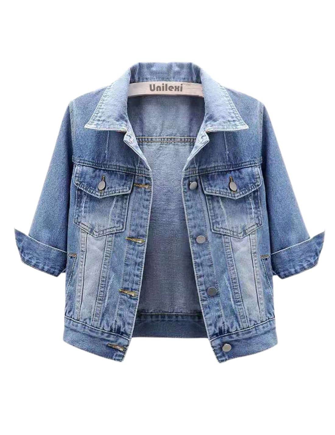 Unilexi Women's 3/4 Sleeve Colored Cropped Denim Jacket Light Wash Short Jean Jacket Trucker Coat