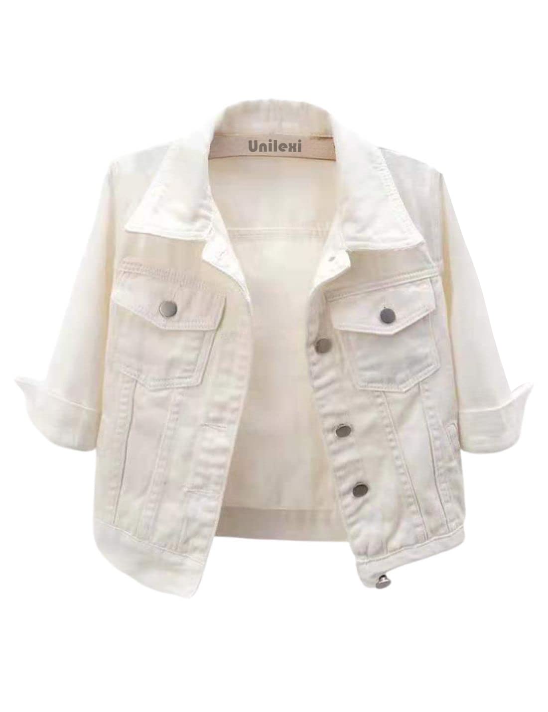 Unilexi Women's 3/4 Sleeve Colored Cropped Denim Jacket Light Wash Short Jean Jacket Trucker Coat