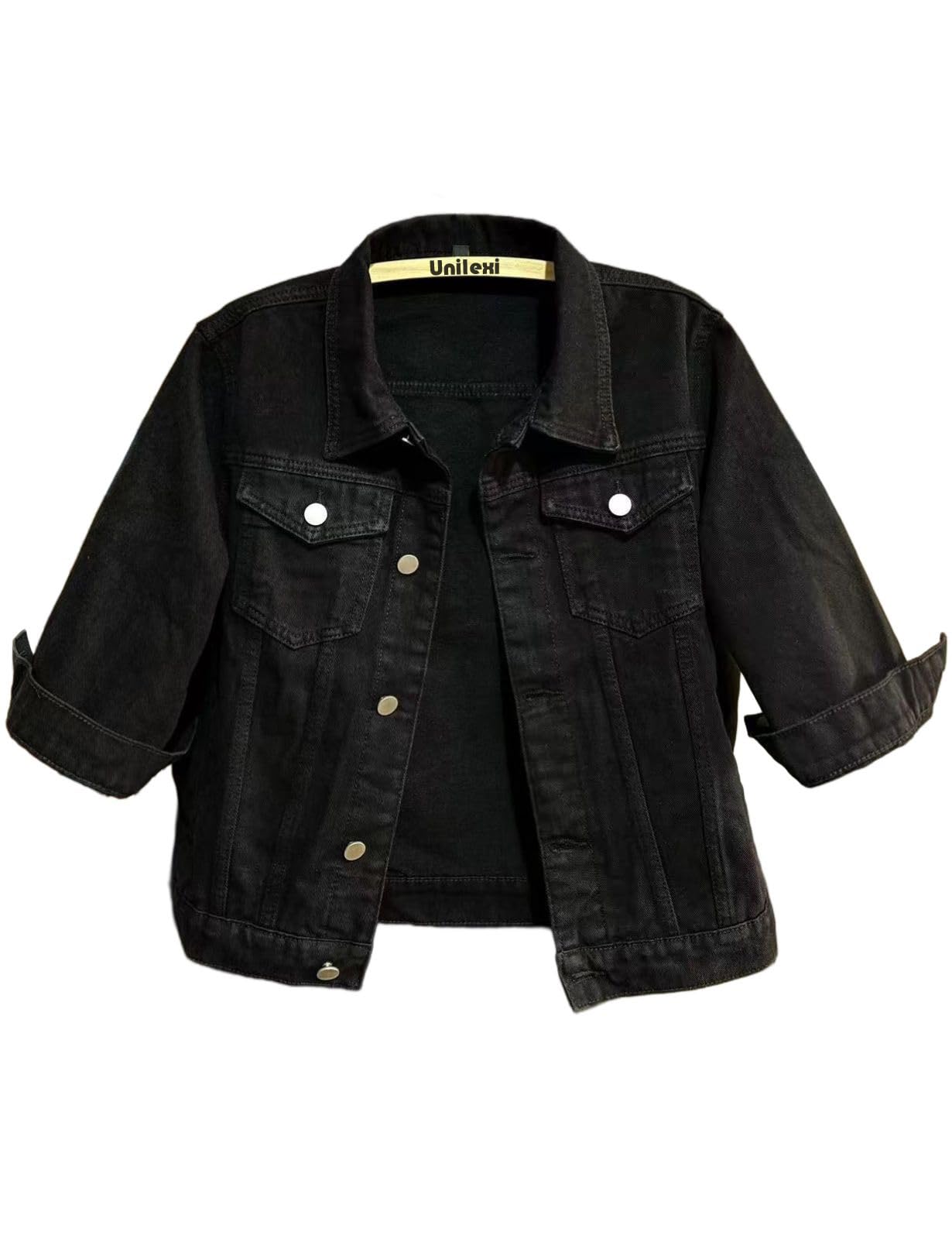 Unilexi Women's 3/4 Sleeve Colored Cropped Denim Jacket Light Wash Short Jean Jacket Trucker Coat