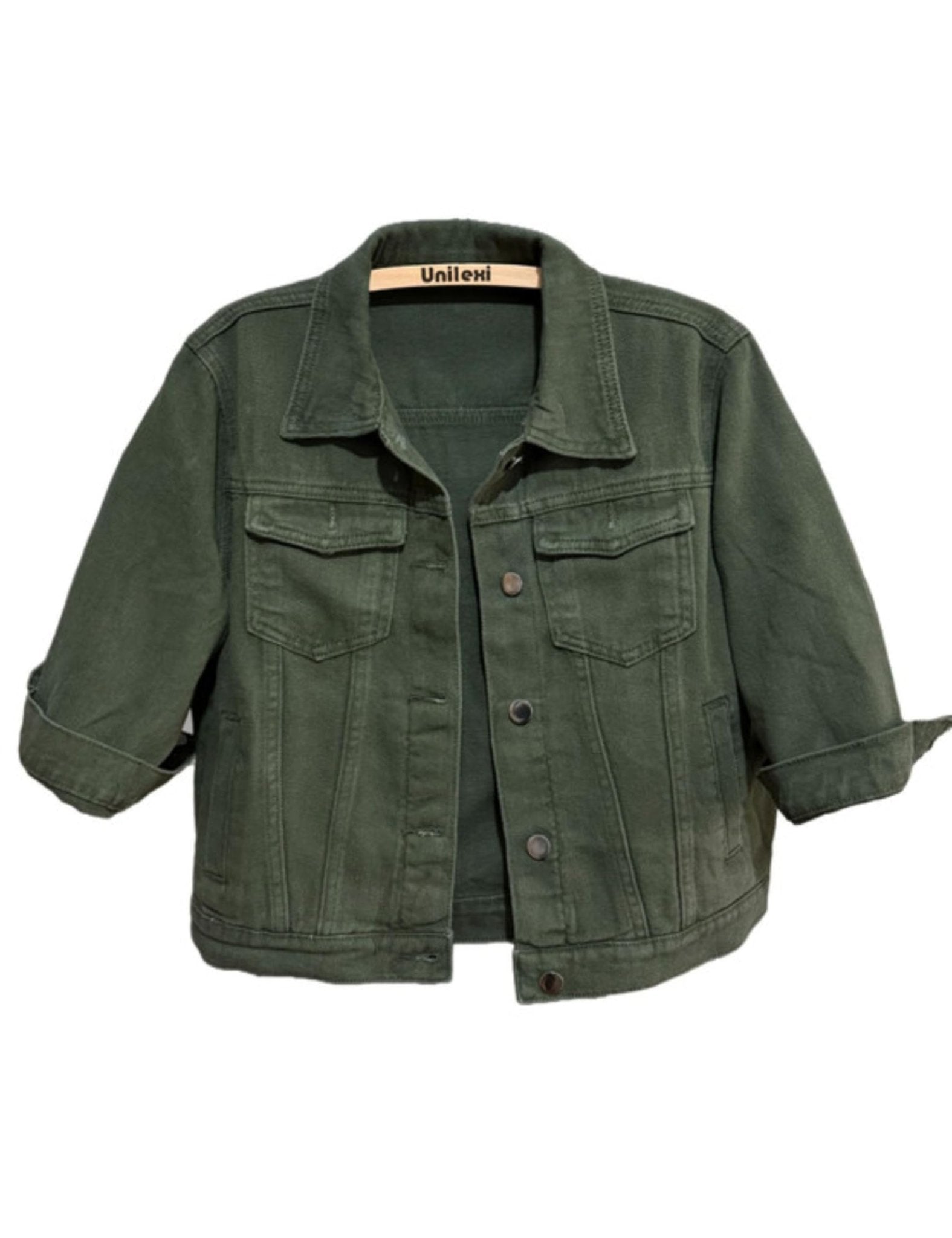 Unilexi Women's 3/4 Sleeve Colored Cropped Denim Jacket Light Wash Short Jean Jacket Trucker Coat