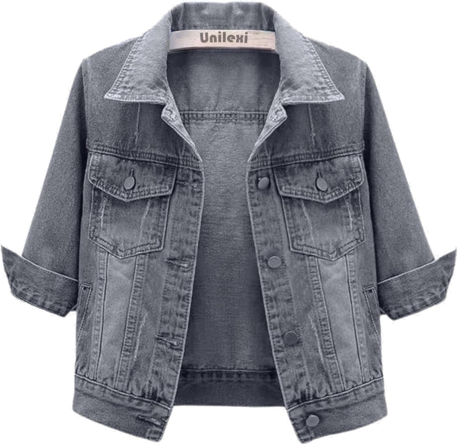 Unilexi Women's 3/4 Sleeve Colored Cropped Denim Jacket Light Wash Short Jean Jacket Trucker Coat