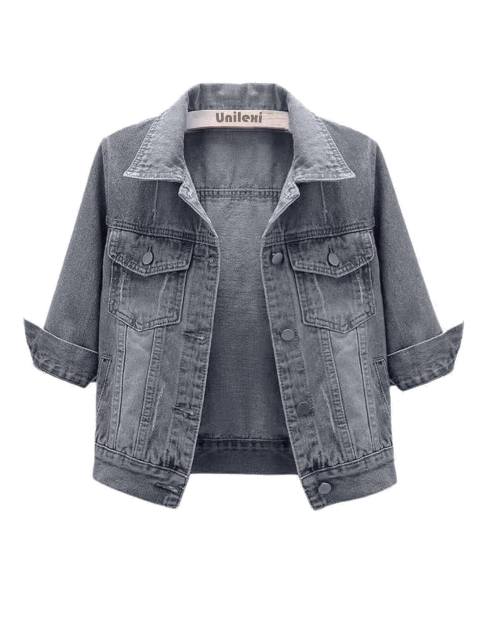 Unilexi Women's 3/4 Sleeve Colored Cropped Denim Jacket Light Wash Short Jean Jacket Trucker Coat