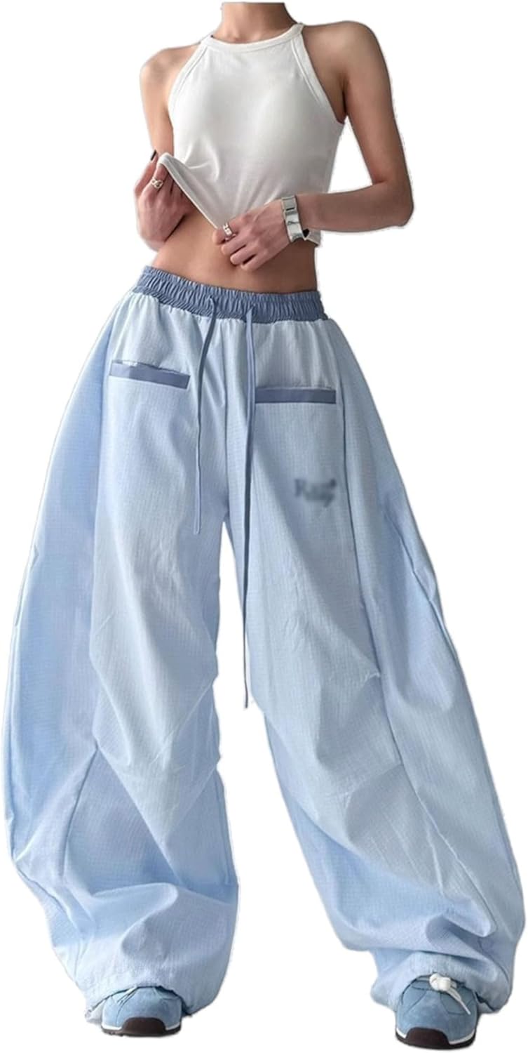 Unilexi Women's Baggy Hip Hop Pants Y2K Cargo Pants Wide Leg Elastic Waist Parachute Sweatpants Casual Curved Trousers