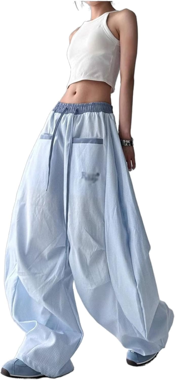 Unilexi Women's Baggy Hip Hop Pants Y2K Cargo Pants Wide Leg Elastic Waist Parachute Sweatpants Casual Curved Trousers