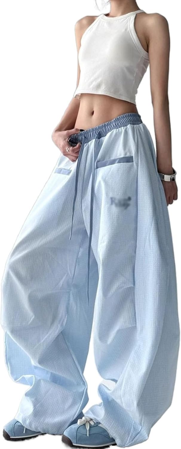 Unilexi Women's Baggy Hip Hop Pants Y2K Cargo Pants Wide Leg Elastic Waist Parachute Sweatpants Casual Curved Trousers