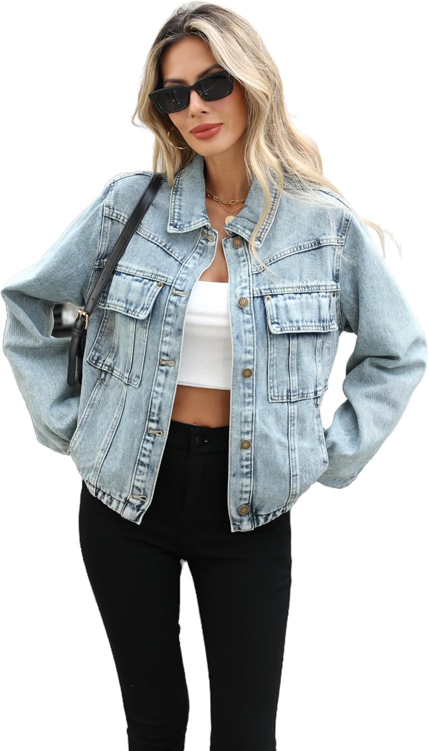 Unilexi Womens Basic Long Sleeve Denim Jackets Trendy Button Down Jean Jacket Casual Trucker Jackets With Pockets