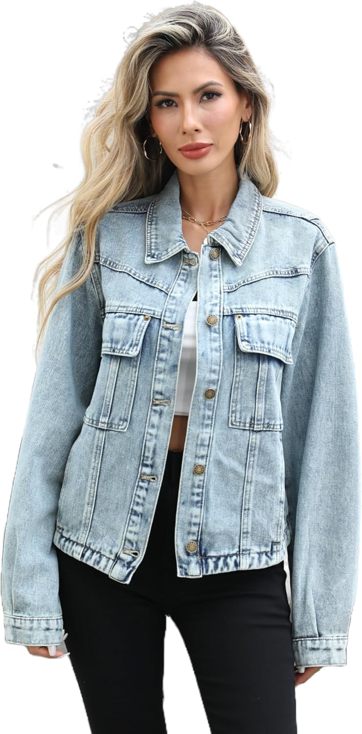 Unilexi Womens Basic Long Sleeve Denim Jackets Trendy Button Down Jean Jacket Casual Trucker Jackets With Pockets