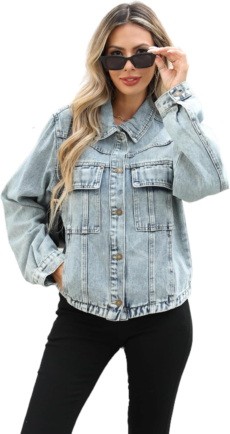 Unilexi Womens Basic Long Sleeve Denim Jackets Trendy Button Down Jean Jacket Casual Trucker Jackets With Pockets