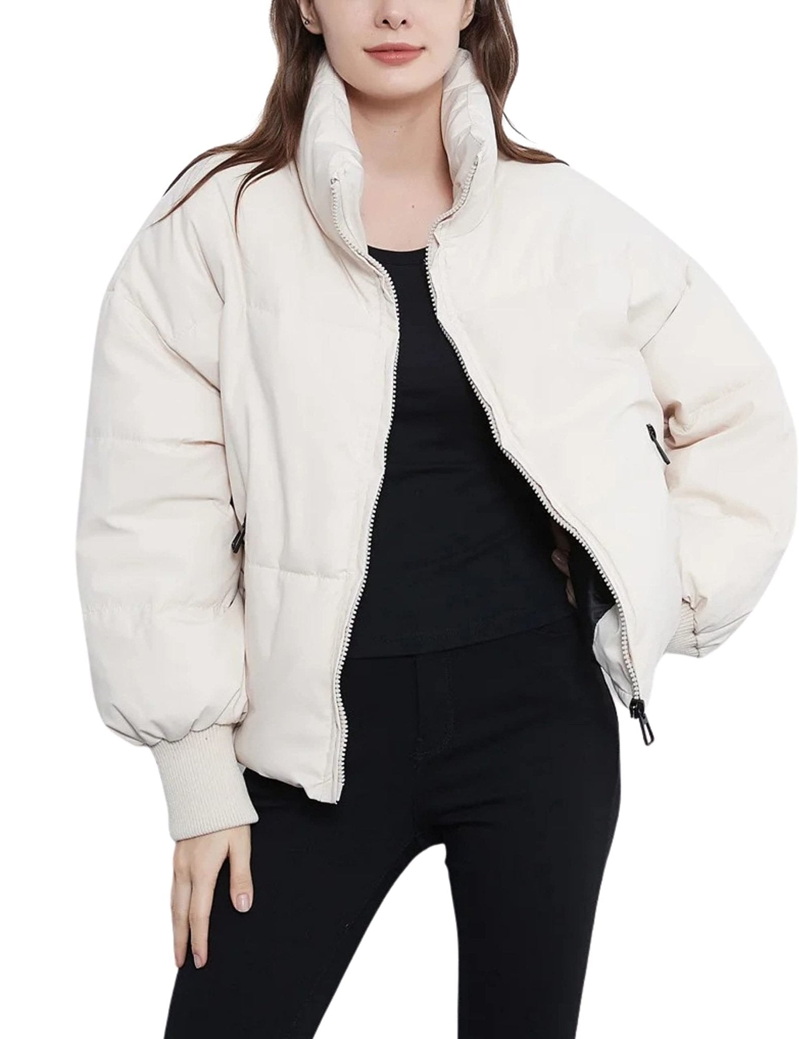 Unilexi Womens Casual Cropped Puffer Jackets Oversized Padded Stand Collar Winter Coats